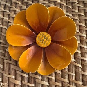 Vintage Large Orange Brown Enamel Floral Brooch Pin Flower Mod Jewelry Boho